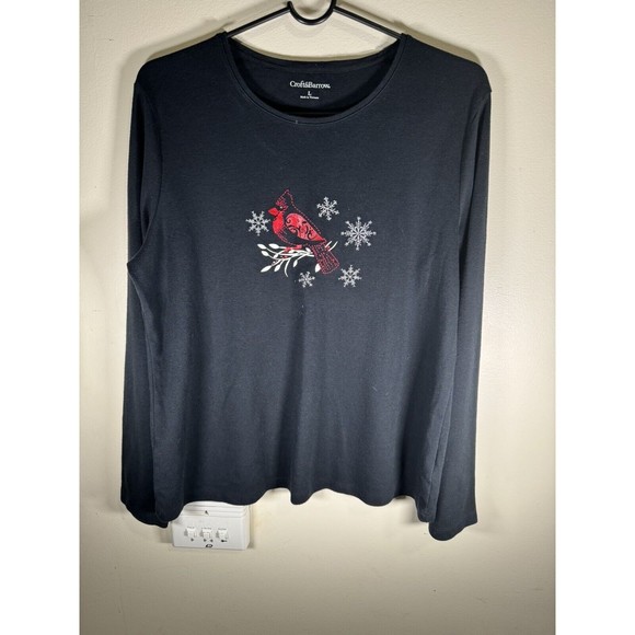 Croft and Barrow Women's L Black Top with Cardinal Bird and Snowflake Pattern. - Picture 3 of 4